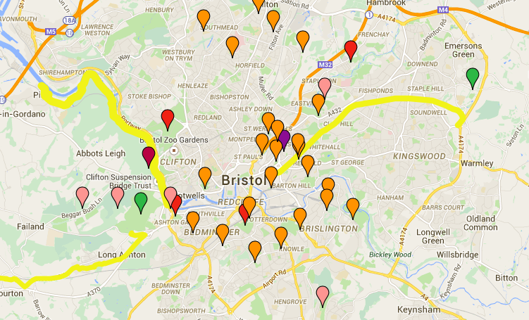 Map of Bristol showing exercise locations