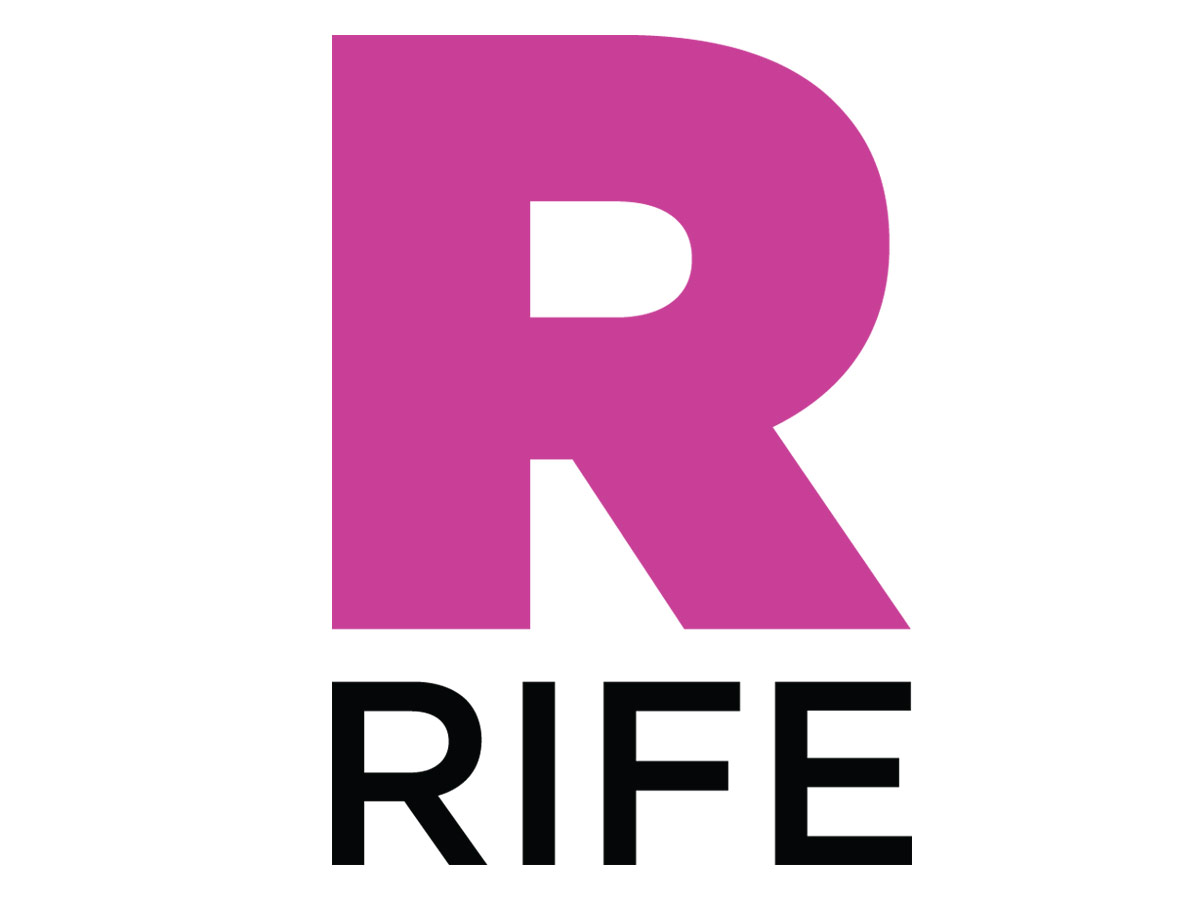 Pink rife logo, a large letter R withteh word Rife below it