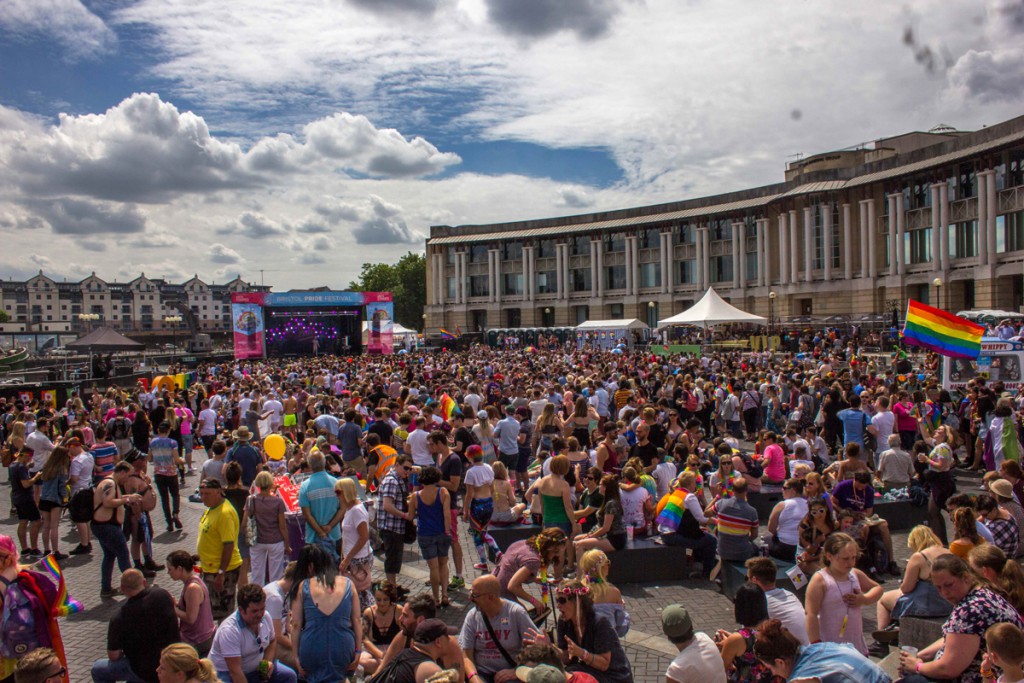 This year Bristol Pride drew a larger crowd than ever with thousands attending. Here is a picture of the crowd at the mainstage.