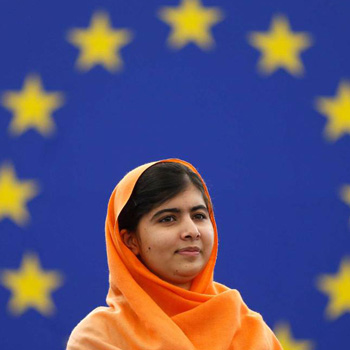 Malala in front of the UN flag