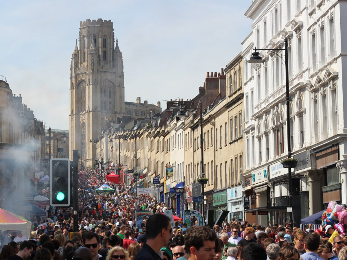 Huge crowds of people on Park Street, Bristol
